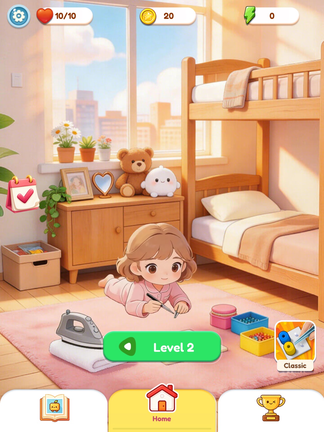 Jewel Garden home screen in a warm, sunlit room